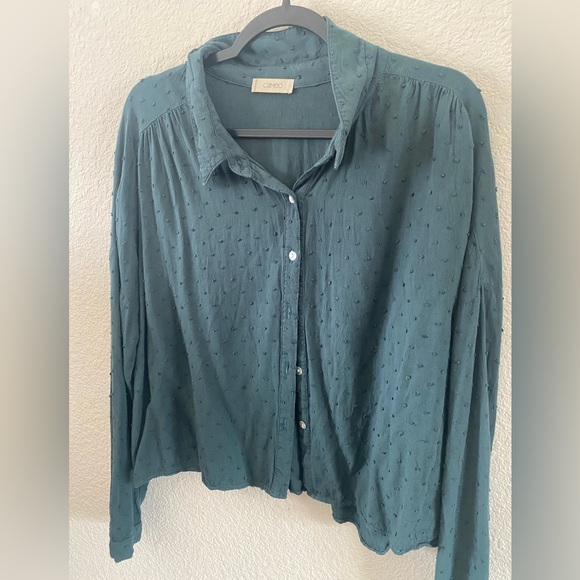 Forest Green Clip Dot Pattern Button Down Longsleeve Shirt Top Blouse - Picture 6 of 7